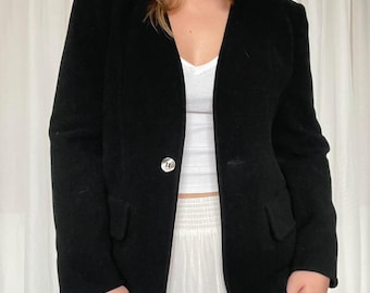 Vintage Schwarzer Woll Blazer | Minimalistische Wolljacke Damen | Klassischer Blazer-Mantel im übergroßen Stil