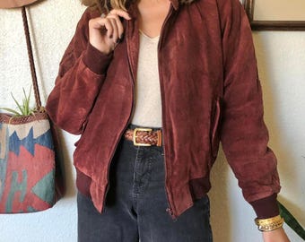 Vintage Burgundy Suede Bomber Jacket | 70s Casual Suede Jacket for Women | Retro Suede Coat with Ribbed Trim | Gift For Her