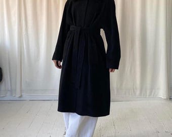 Women's Black Wool Coat | Long Wool Trench Coat with Faux Fur Collar | Belted Winter Coat Women | Full Length Wool Coat | Classic Women Coat
