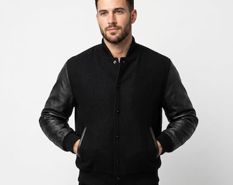 Men's Black Wool & Leather Varsity Jacket | Handmade Letterman Bomber Jacket | Classic College Baseball Jacket