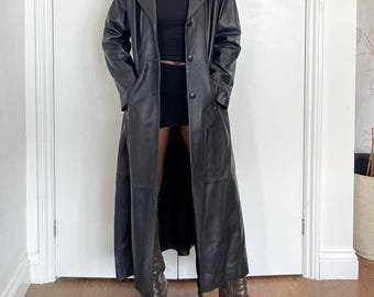 Vintage 90s Black Leather Trench Coat | Single Breasted Long Coat Women | Boho Y2k Longline Leather Coat | Winter Outwear Coat