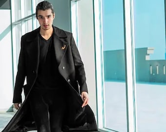 Men's Black Wool Coat | 70s Vintage Wool Trench Coat | Classic Wool Long Coat | Full Length Winter Wool Outerwear |