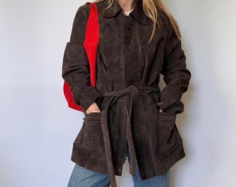 Vintage 70s Dark Brown Suede Coat | Genuine Suede Leather Zip Up Longline Jacket | Boho Minimalist Fall Leather Outerwear |