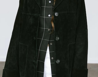 Women's Black Suede Jacket – 70s Vintage Suede Blazer Coat – Real Suede Leather Jacket – Minimalist Long Suede Coat - Gift For Her