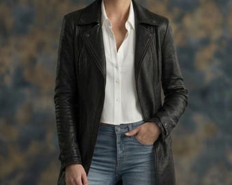 Casaco feminino de couro preto estilo anos 90 | Trench coat em couro de cordeiro genuíno | Casaco clássico de inverno em couro