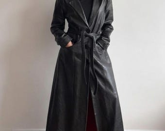 Women Black Leather Long Trench Coat - 1990s Belted Maxi Overcoat - Elegant Minimalist Winter Long Coat - Luxury Leather Outerwear