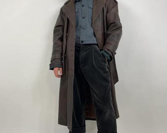 Men's Leather Long Coat | 70s Brown Leather Trench Coat | Handmade Belted Winter Coat | Vintage Sheepskin Leather Overcoat