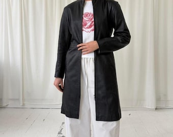 Women's Vintage Black Leather Long Coat | Real Leather Zip Front Trench Coat | Minimalist 90s Leather Coat | Slim Fit Leather Outerwear