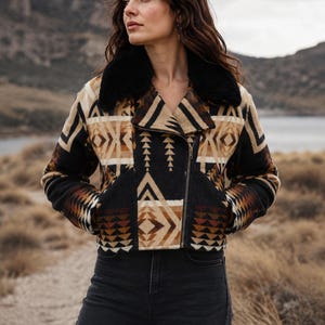 Handmade Dutton Ranch Beth Dutton Kelly Reilly Aztec Pattern Wool Aviator Jacket with Shearling Collar