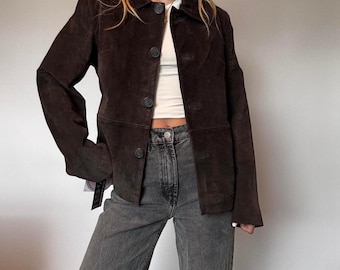 Women's Vintage 70s Suede Leather Coat – Dark Brown Blazer Jacket – Real Suede Western Style Outerwear – Boho Minimalist Fallout Coat