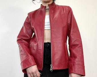 Women’s Red Leather Jacket | 70s Zip Up Sheepskin Leather Jacket | Classic Retro Leather Coat | Handmade Winter Outerwear
