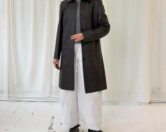 Gabardina de cuero negra vintage / Abrigo largo de cuero para mujer / Abrigo largo de botonadura sencilla de los años 90 / Abrigo de cuero largo