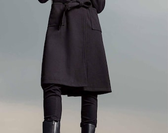 Abrigo largo vintage de lana negra – Gabardina cruzada para mujer con cuello de piel sintética – Abrigo de lana cálido para invierno