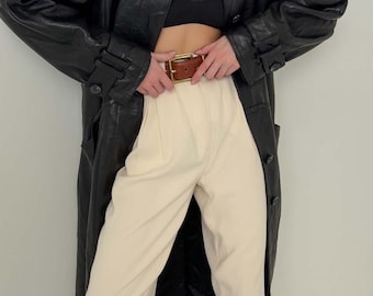 Women Black Leather Trench Coat - Vintage Long Leather Coat - 90s Longline Long Coat - Oversized Leather Jacket - Gift For Her