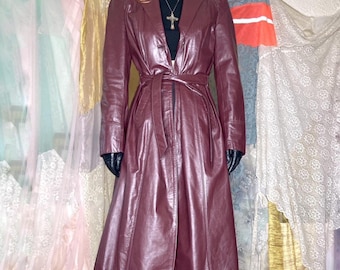 Women's Real Leather Trench Coat – Vintage 90s Long Burgundy Belted Coat | 100% Genuine Leather Coat | Classic Leather Outerwear