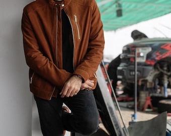 Men’s Brown Suede Bomber Jacket | Vintage 70s Biker Leather Jacket | Classic Style Suede Jacket for Men | Handmade Real Suede Coat