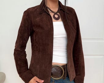 Women's Dark Brown Suede Leather Jacket | Vintage Real Suede Zip-Up Coat | Handmade Genuine Suede Jacket | Gift For Her