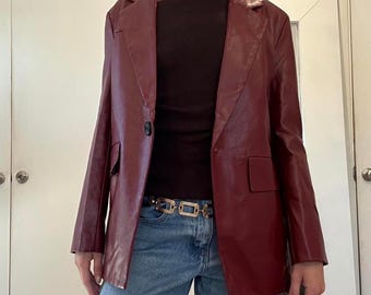 Blazer feminino de couro bordô | Jaqueta vintage de couro de ovelha | Blazer clássico de couro com um botão | Casaco de couro vermelho estilo anos 90