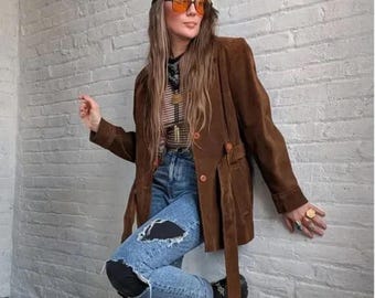 Vintage 70s Brown Suede Leather Jacket | Women's Belted Suede Coat | Long Sleeve Genuine Suede Jacket | Winter Leather Outerwear