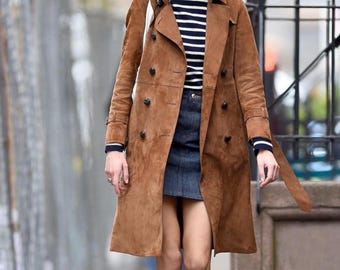 Vintage Brown Suede Trench Coat | Vintage Double Breasted Leather Coat | Women’s 70s Suede Long Coat | Winter Leather Outerwear