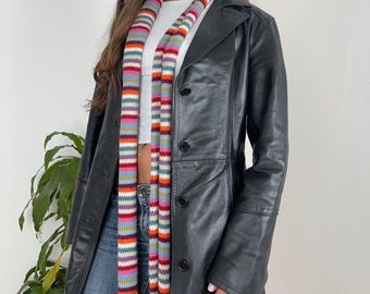 Vintage Black Real Leather Trench Coat for Women – Classic Long