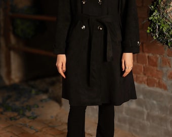Zwarte suède damestrenchcoat - double-breasted suède lange jas - vintage jaren 70 suède jas met riem - cadeau voor haar
