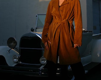 Women's 70s Brown Suede Long Coat | Vintage Belted Suede Trench Coat | Classic Bohemian Long Suede Coat