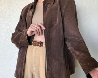 Vintage chokladbrun mockajacka | 90-tals äkta läderkappa med dragkedja i mocka | Minimalistisk boho skinnjacka | Ytterkläder i mocka för dam