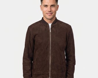 Men's Brown Suede Bomber Jacket - Vintage Brown Suede Leather Jacket - Casual Zip Up Suede Jacket - Handmade Suede Coat