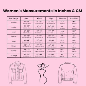 May include: A size chart detailing women's measurements in inches and cm, covering bust, waist, hips, sleeves, and shoulder dimensions. Sizes range from XXSmall to 3XLarge. Images of a denim jacket and a leather jacket are also included.