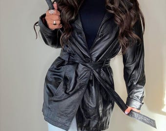 Women Black Sheepskin Leather Coat | Vintage Style Belted Leather Trench Coat | Long Leather Jacket Women | Classic Leather Outerwear
