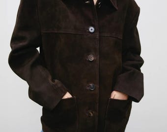 Women's Dark Brown Suede Leather Jacket - Vintage 70s Suede Coat | Boho Button Up Suede Blazer Jacket | Classic Leather Outerwear