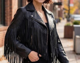 Women Black Fringe Leather Jacket - 1990s Western Fringe Jacket - Cowgirl Cropped Jacket - Handmade Sheepskin Leather Biker Jacket