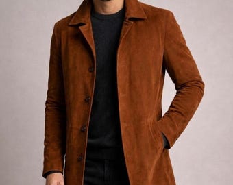 Men’s Brown Suede Trench Coat | Classic Long Overcoat for Men | Vintage Style Suede Winter Jacket | Camel Leather Coat