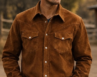 Men’s Brown Suede Leather Shirt Jacket | Western Cowboy Suede Overshirt | Handmade Vintage Trucker Jacket for Men
