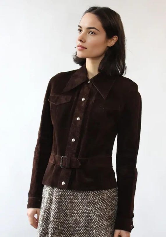 Vintage Women's Suede Leather Jacket | Slim Fit Western Suede Jacket | 70s Brown Button-Up Suede Coat | Boho Style Suede Blazer