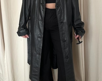 Women Black Leather Trench Coat | Vintage Long Real Leather Coat | Button Up Longline Overcoat | 90s Style Long Coat | Winter Leather Coat