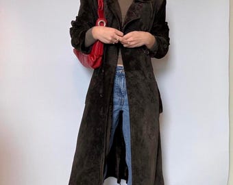 Women Vintage Brown Suede Long Coat | Double Breasted Suede Trench Coat | 1970s Y2k Long Bohemian Suede Coat