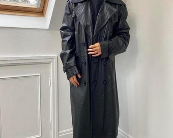 Women’s Black Leather Trench Coat | Vintage Long Leather Coat | 90s Real Leather Duster Coat | Genuine Leather Overcoat | Classic Long Coat