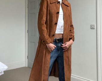 Women Vintage Brown Suede Long Coat | Belted Suede Trench Coat | 1970s Y2k Long Bohemian Suede Coat | Handmade Leather Outerwear