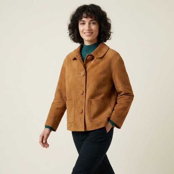 Women's 70s Tan Cropped Suede Jacket | Vintage Style Button front Suede Leather Jacket | Handmade Suede Coat | Gift For Her