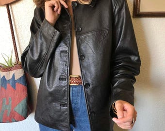 Vintage Black Leather Jacket Women | 90s Minimalist Button Front Leather Coat | Soft Genuine Leather Blazer Jacket | Leather Outerwear