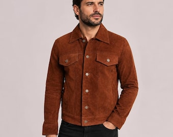Men's Dark Brown Suede Trucker Jacket | Western Suede Leather Jacket for Men | Classic Suede Coat | Vintage Style Suede Jacket