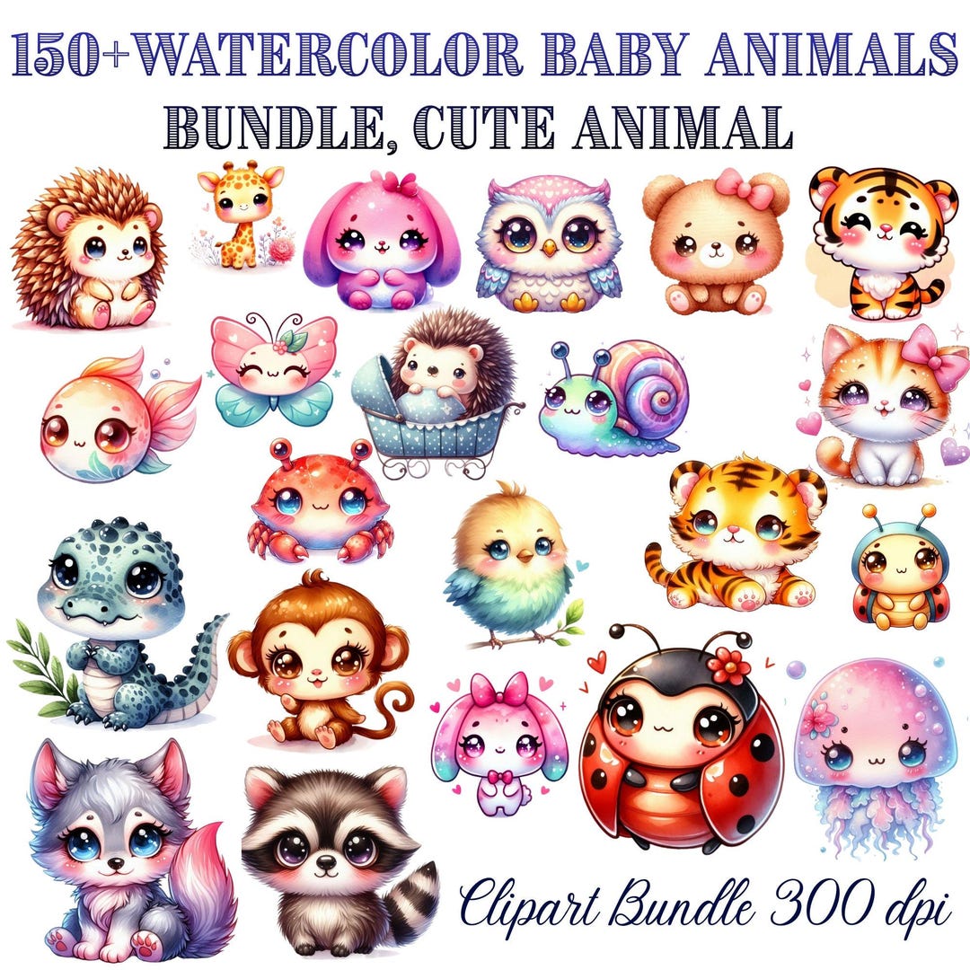 Watercolor Baby Animals Clipart Bundle – Kawaii Nursery PNG (300 DPI ...
