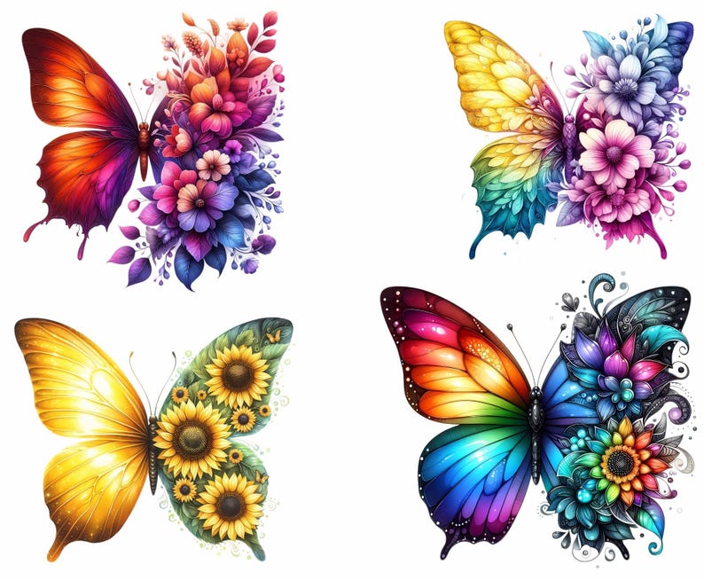 40 Watercolor Floral Butterflies Clipart, Botanical Butterfly PNG ...