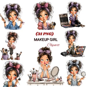 Op de afbeelding: Een collectie van 31 digitale PNG-illustraties met een meisje met warrig bruin haar, een paarse hoofdband met stippen en grote ogen, die make-up aanbrengt met kwasten, paletten en spiegels. De tekst luidt 31 PNG MAKEUP GIRL Clipart.