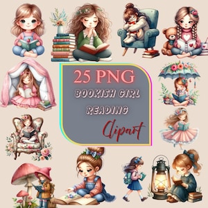 Peut inclure: Ensemble de 25 images clipart PNG représentant des filles de dessins animés lisant des livres. Les illustrations montrent des filles dans diverses situations, comme assises ou lisant sous un parapluie. Le texte indique "25 PNG Bookish Girl Reading Clipart".