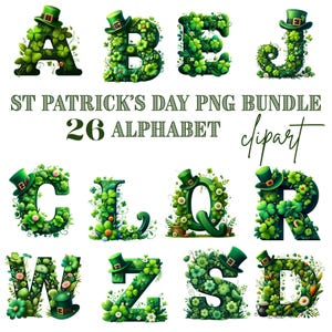 Op de afbeelding: Een verzameling alfabetletters, elk ontworpen met groene klavers en versierd met een groene leprechaun hoed. De tekst "ST PATRICK'S DAY PNG BUNDLE 26 ALPHABET clipart" is ook zichtbaar.