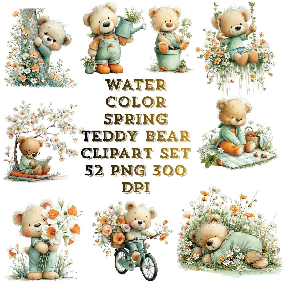 Watercolor Teddy Bear Clipart Set – Spring Baby Designs (52 PNG ...