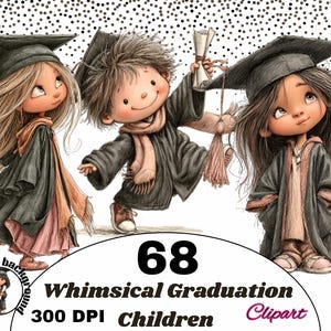 Könnte beinhalten: Verspielte Illustration von drei Kindern in Abschlusskleidung. Sie tragen schwarze Mortarboards und Roben mit rosa und beigen Akzenten. Der Text "68 Whimsical Graduation Children Clipart" ist enthalten.
